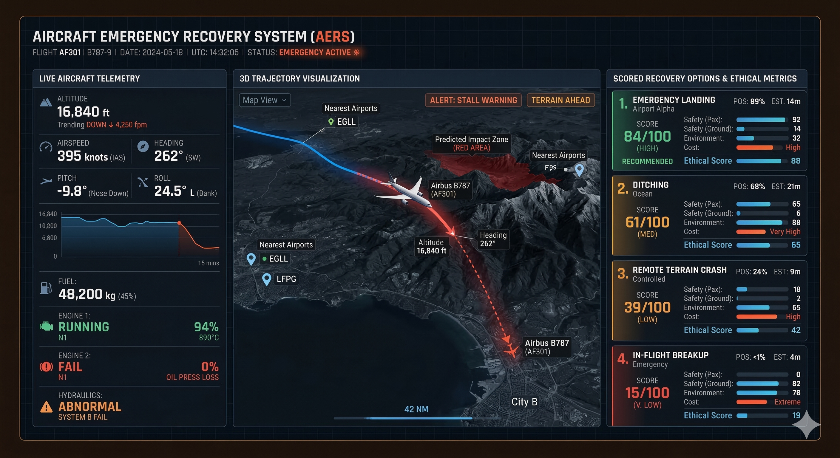 Dashboard mockup showing aircraft telemetry, 3D trajectory visualization, and scored recovery options with ethical metrics